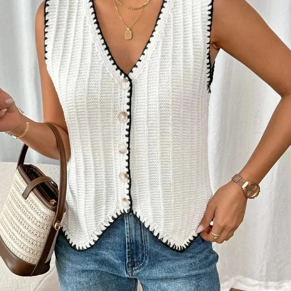 Beige Casual Women's Color Block Edging Vest Style Sweater